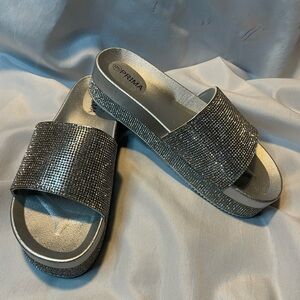 Prima Silver Rhinestone Slides Sandals Size 9